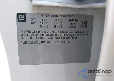 2012 Chevrolet Volt из США, поврежденный, VIN 1G1RD6E42CU103744